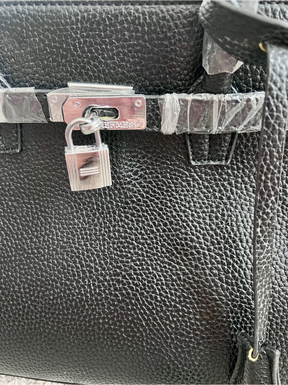New Black Pebbled Leather Structured Satchel Handbag | Silver Lock Accent Tote